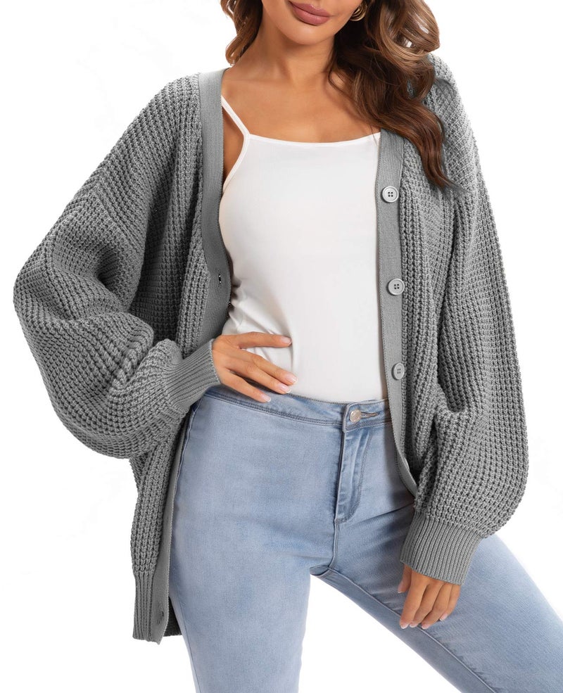 QUALFORT Women's Cardigan Sweaters for Women 100% Cotton Button-Down Long Sleeve Oversized Knit Coatigan Jackets Heathergrey X-Large - Image 1